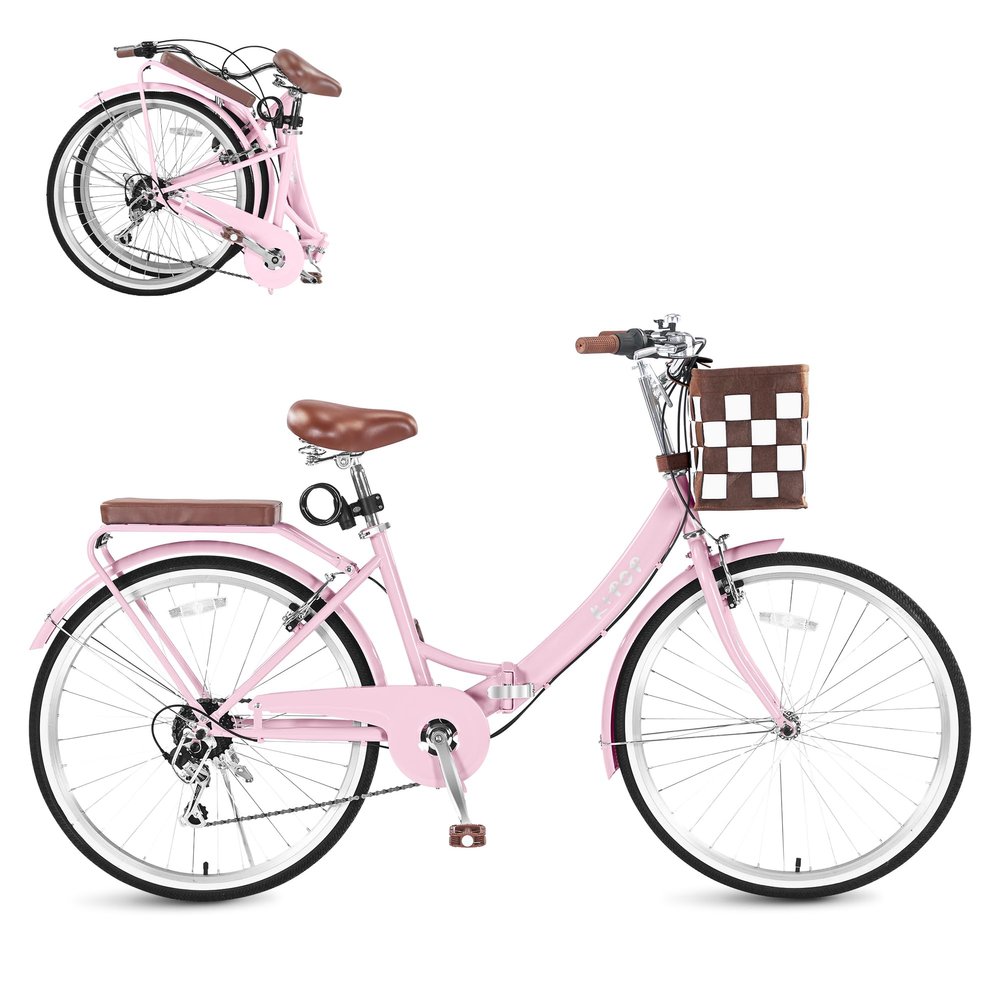 Foldable Beach Cruiser Bike for Women, 24/26 Inch Bikes for Women, 7 Speed Commute Bike with Basket Adult Womens Bicycles Folding Cruiser Bikes, City Commuting's Bicycle, Dual V-Brake