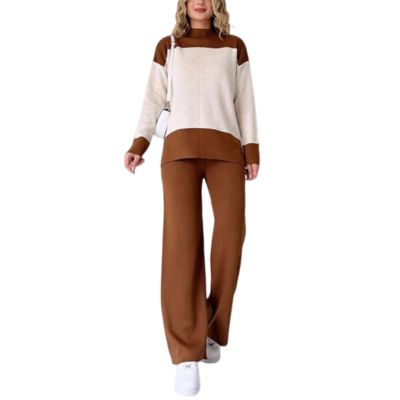 and Comfortable Set (Top + Pants),Long Sleeve Color Block Sweatshirt with Pants 2 Piece Outfits (Dark Brown,XL)