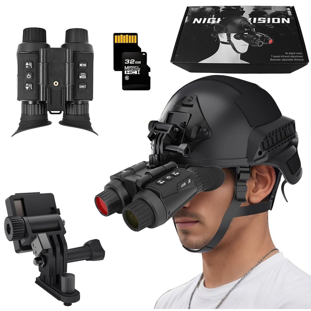 BGHJIKGFS Military Grade NightVision Goggles for Adults 8 X Digital Zoom Head Mounted Tactical NVG Goggles with A 32GB Memory Card(with Helmet)