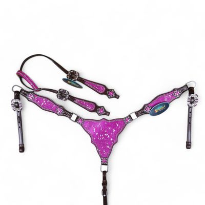 MOUSM Pink Silver Metallic Acid Wash Horse Tack Set - Genuine Argentina Leather One Ear Horse Bridle with Rhinestones - Ideal Christmas Horse Tack for Barrel Racing & Everyday Riding (Pink)