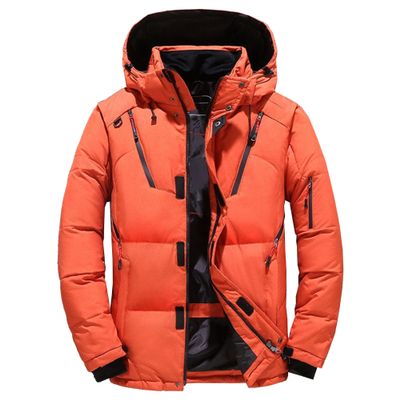 Qolkmuiy-GJ Men's Casual Ski Snow Jacket Winter Windproof Hooded Plush Windbreaker Thickened Fleece Warm Down Coat (Orange,XX-Large)