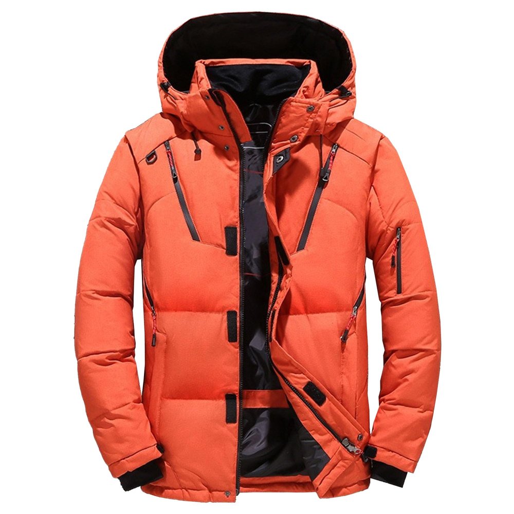Qolkmuiy-GJ Men's Casual Ski Snow Jacket Winter Windproof Hooded Plush Windbreaker Thickened Fleece Warm Down Coat (Orange,XX-Large)