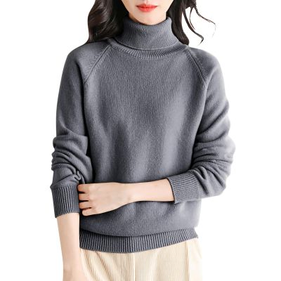 Women Knitted Sweater Wool Turtleneck Long Sleeve Pullover Tops Casual Loose Thermal Winter Bottoming Top Loungewear Grey