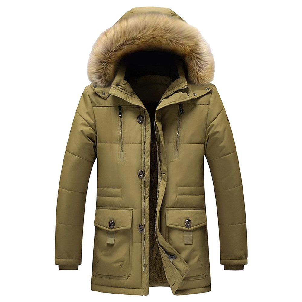 Men's Sherpa Lined Warm Windproof Parka Casual Padded Winter Hooded Jacket Skinny Quilted Outwear With Fur Hood (Khaki,7X-Large)