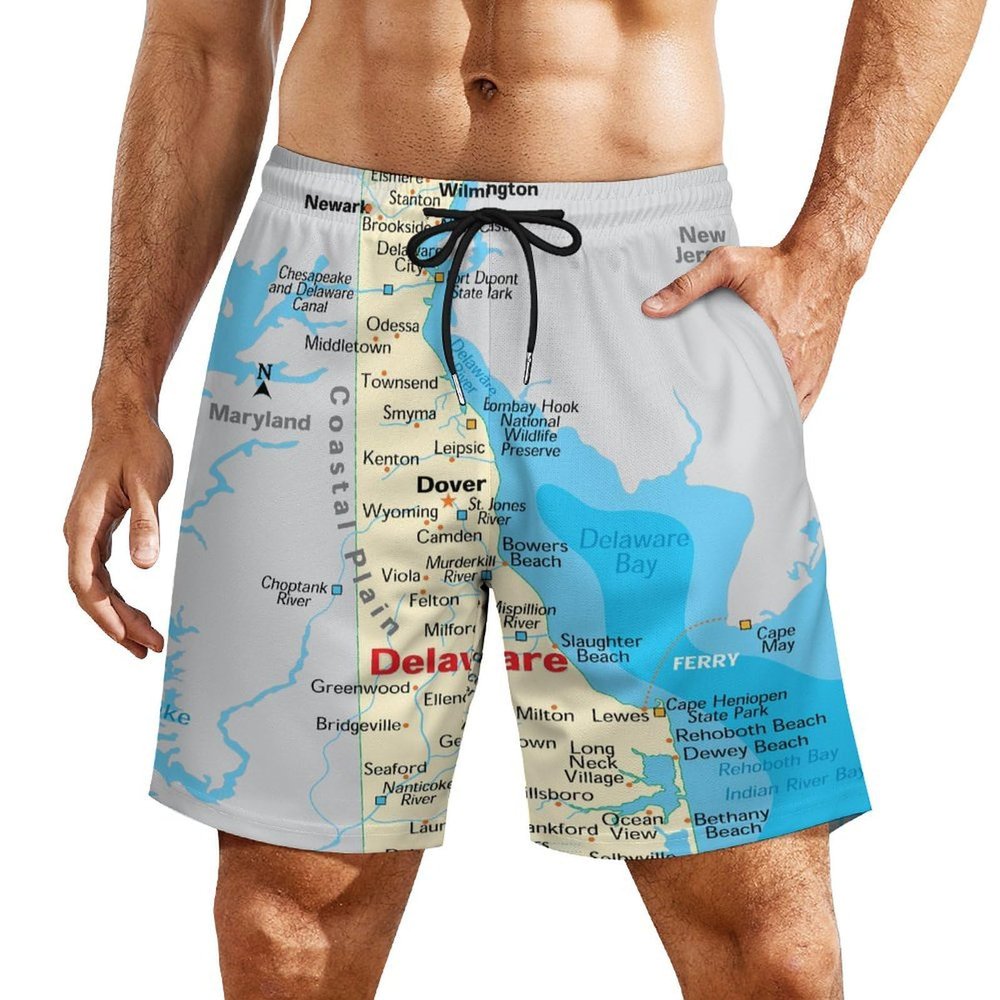 Puxufody Maps of Delaware Men's Shorts Casual Drawstring Summer Beach Shorts Sports Pants