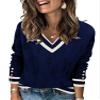 AKEWEI Womens Tops Fall Trendy Long Sleeve V Neck Knit Pullover Dressy Lightweight Sweater(Blue Color Block,Small) view 1