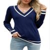 AKEWEI Womens Tops Fall Trendy Long Sleeve V Neck Knit Pullover Dressy Lightweight Sweater(Blue Color Block,Small) view 2