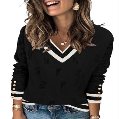 AKEWEI Women's Fall Sweaters V Neck Casual Long Sleeve Tops Shirts Ribbed Buttons Pullover(Color Block,Small)