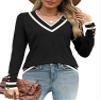 AKEWEI Women's Fall Sweaters V Neck Casual Long Sleeve Tops Shirts Ribbed Buttons Pullover(Color Block,Small) view 2