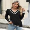 AKEWEI Women's Fall Sweaters V Neck Casual Long Sleeve Tops Shirts Ribbed Buttons Pullover(Color Block,Small) view 3