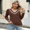 AKEWEI Ladies Sweaters V Neck Long Sleeve Pullover Top 2025 Ribbed Knit Buttons Fall Clothes(Brown Color Block,Large) view 3
