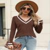 AKEWEI Ladies Sweaters V Neck Long Sleeve Pullover Top 2025 Ribbed Knit Buttons Fall Clothes(Brown Color Block,Large) view 4