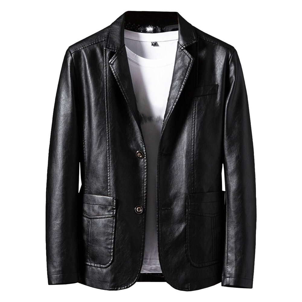 JEShifangjiusu Men's Lapel Leather Jacket Lightweight Button Slim Fit Biker Coat Motorcycle Riding Jackets With Pockets (black2,Medium)