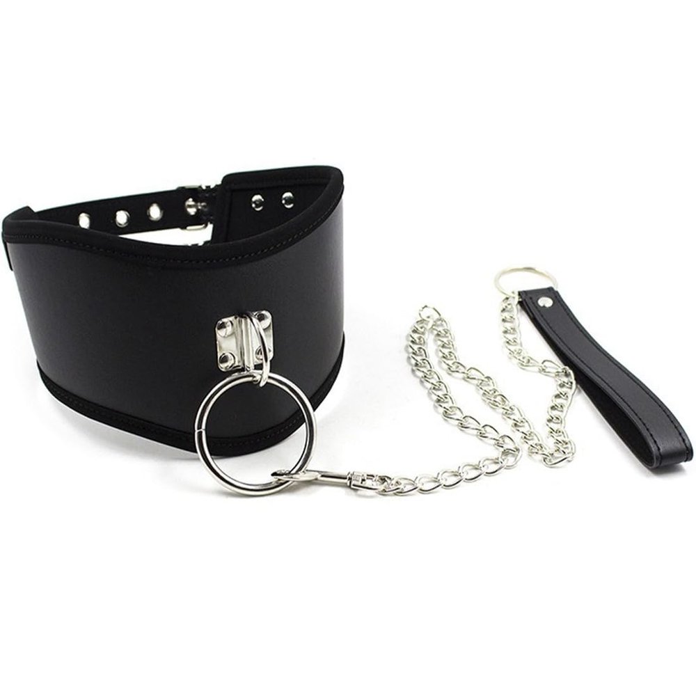JNKET Punk Hauling Chain PU Leather Collar Gothic Metal Ring Choker Adjustable Size (Black)