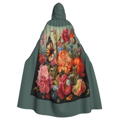 PYJWYFMY Flowers And Butterfly Print Unisex Adults Hooded Cloak Velvet Cape For Halloween Robe Christmas Cloak Cosplay Costumes