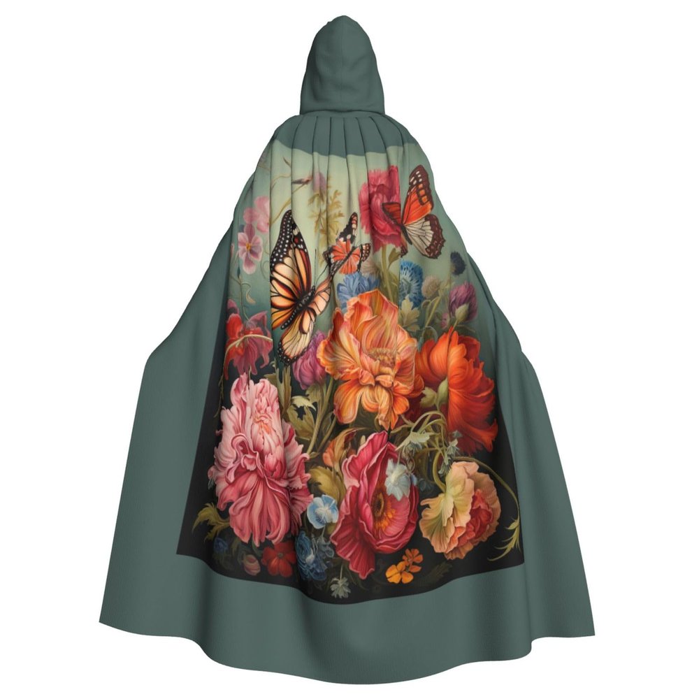 PYJWYFMY Flowers And Butterfly Print Unisex Adults Hooded Cloak Velvet Cape For Halloween Robe Christmas Cloak Cosplay Costumes