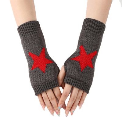 1 Pair Y2K Star Fingerless Gloves for Women - Knit Pattern With Finger Holes (Dark Grey)