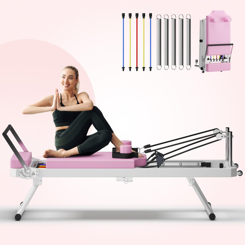sogesfurniture Pilates Board,Pilates Reformer Foldable for Home Gym and Studio,Reformer Pilates Machine Up to 330.5 LBS with Dual Resistance- Springs and Cords(Pink 77.9 inch)