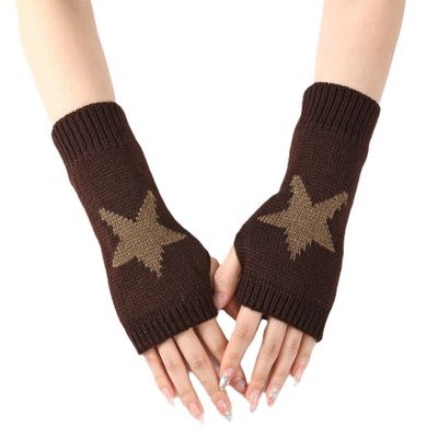 1 Pair Y2K Star Fingerless Gloves for Women - Knit Pattern With Finger Holes (Coffee)