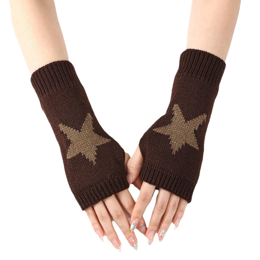 1 Pair Y2K Star Fingerless Gloves for Women - Knit Pattern With Finger Holes (Coffee)