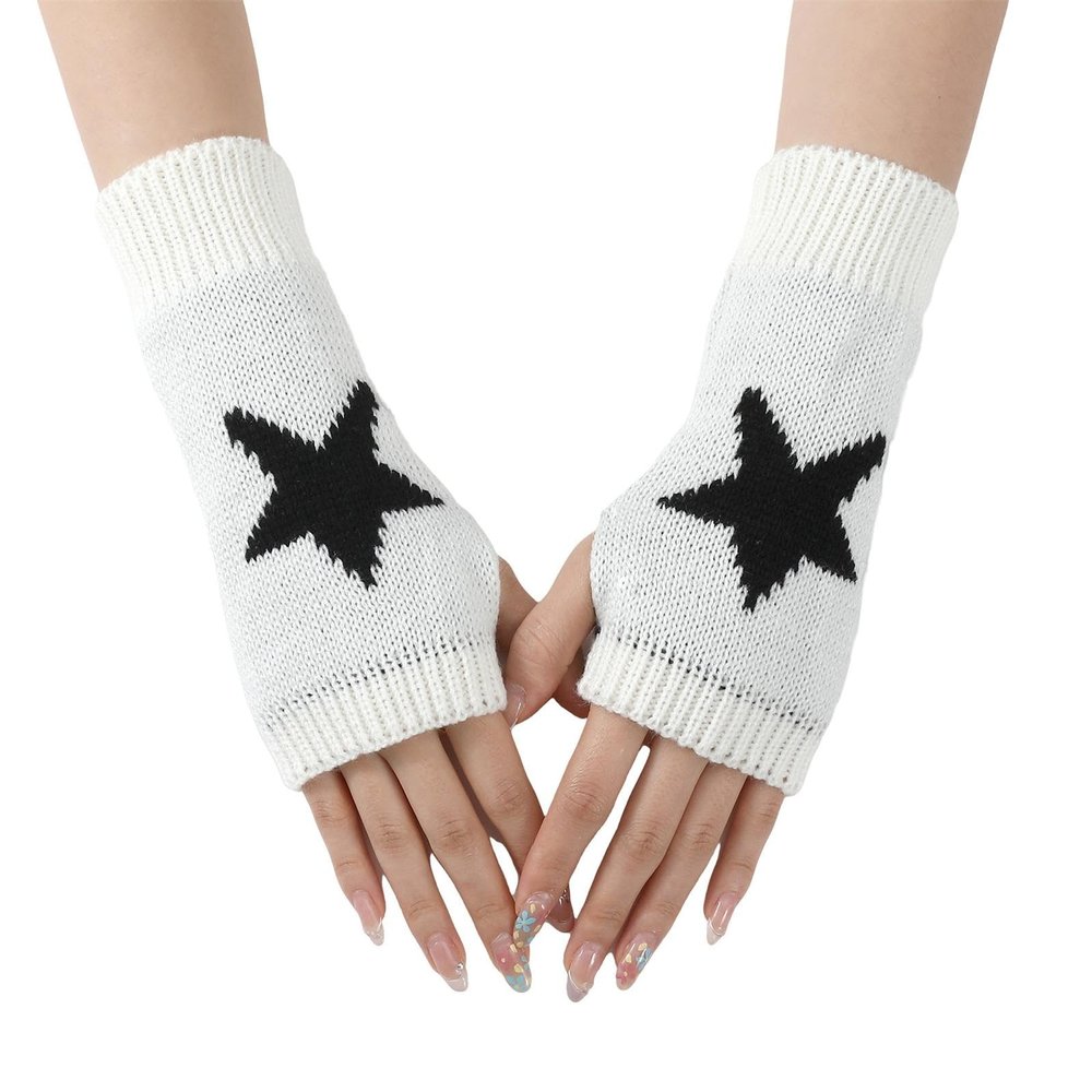 1 Pair Y2K Star Fingerless Gloves for Women - Knit Pattern With Finger Holes (White)