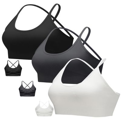 RUNNING GIRL Sports Bras for Women,Sexy Crisscross Back Seamless Padded Sports Bra Medium Support with Removable Pads(2935Black+Grey+White_S)