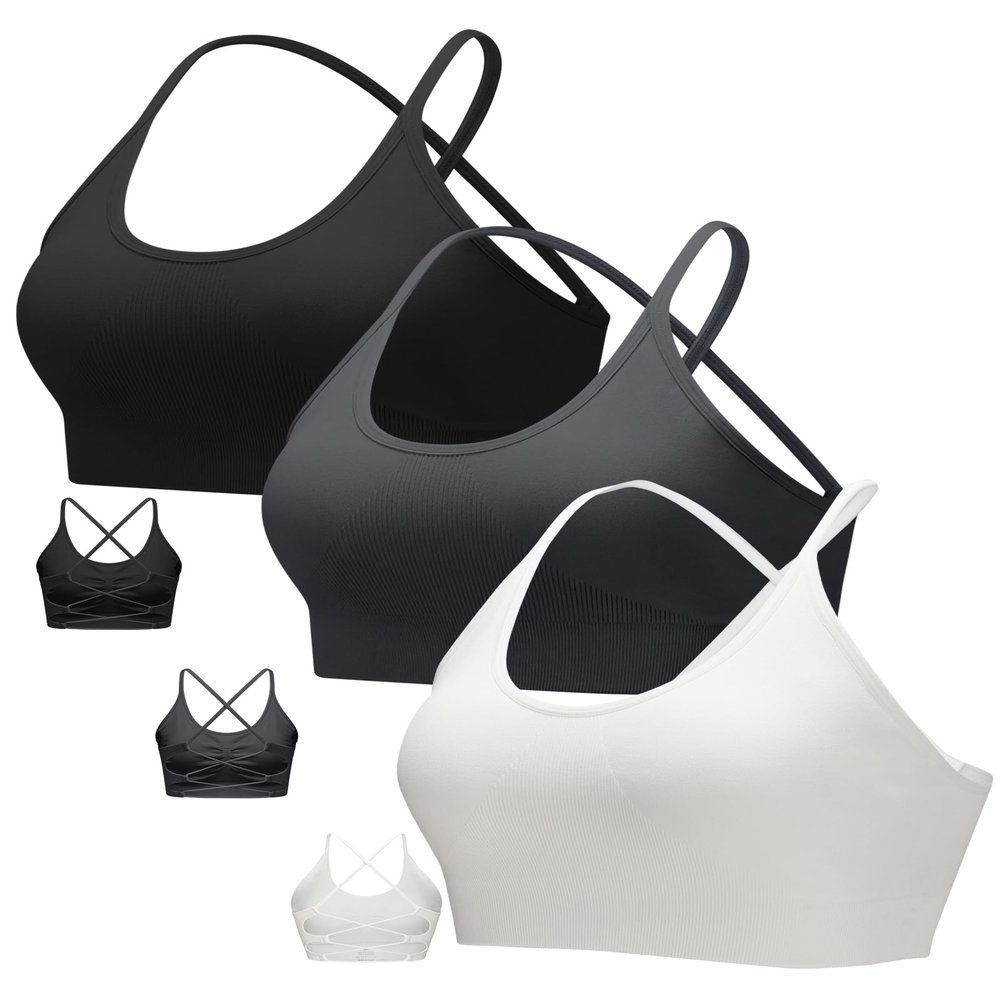 RUNNING GIRL Sports Bras for Women,Sexy Crisscross Back Seamless Padded Sports Bra Medium Support with Removable Pads(2935Black+Grey+White_S)
