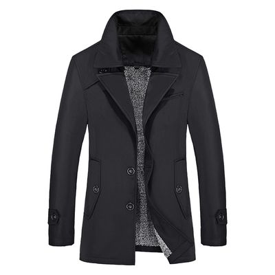 Qolkmuiy-GJ Men's Fleece Lined Windbreaker Trench Wool Peacoat Winter Buttons Jacket Single Breasted Short Trenches (Black,3X-Large)