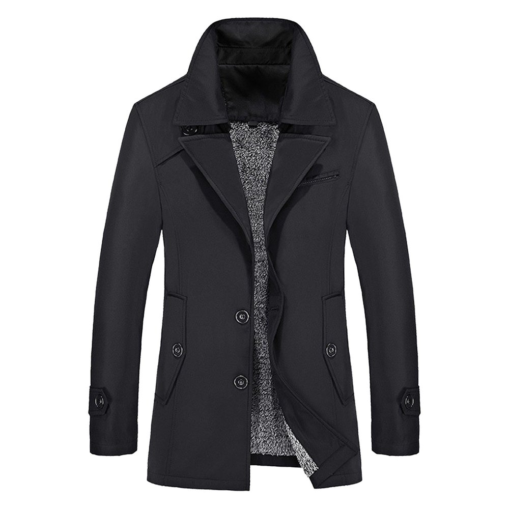 Qolkmuiy-GJ Men's Fleece Lined Windbreaker Trench Wool Peacoat Winter Buttons Jacket Single Breasted Short Trenches (Black,3X-Large)