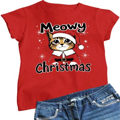 XX-Large Red Women Meowy Christmas Funny Santa Cat T-Shirt