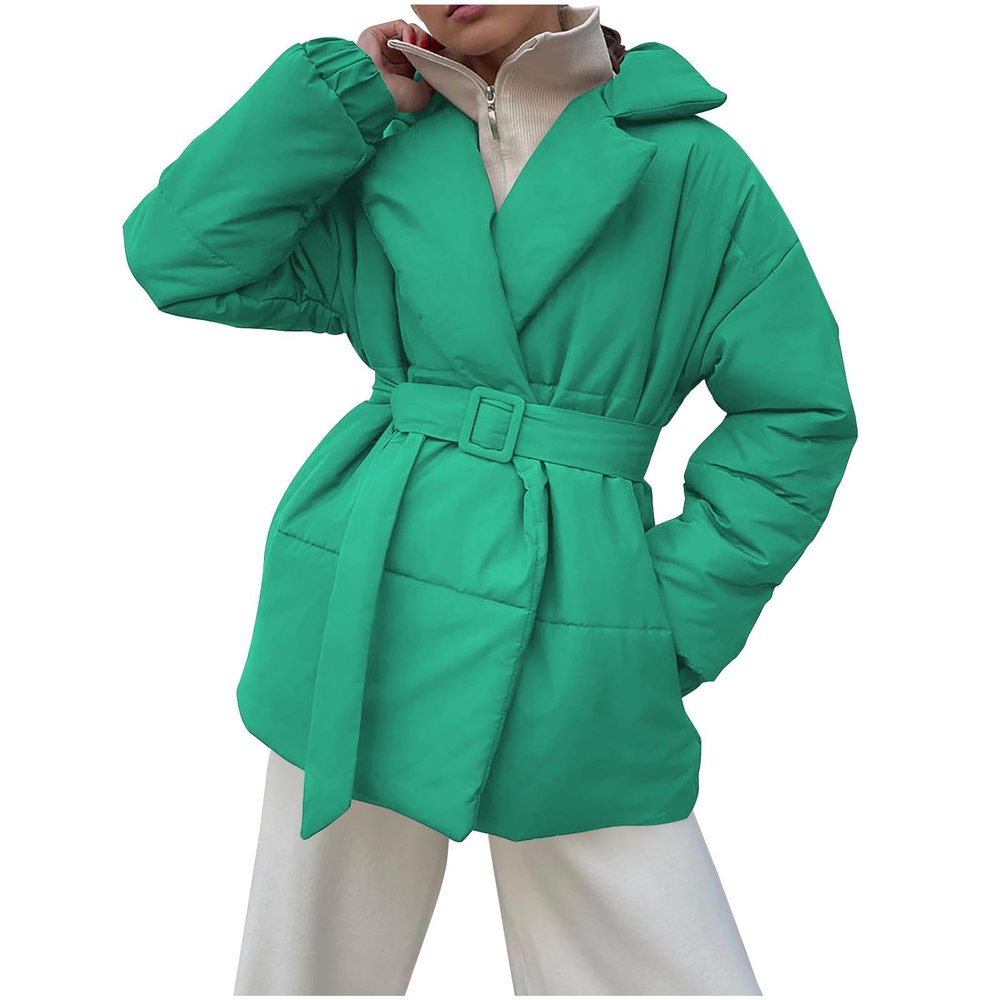 Women's Quilted Puffer Jackets Oversized Long Sleeve Lapel Zip Open Front Puffy Padded Coats Warm Outwear with Belt