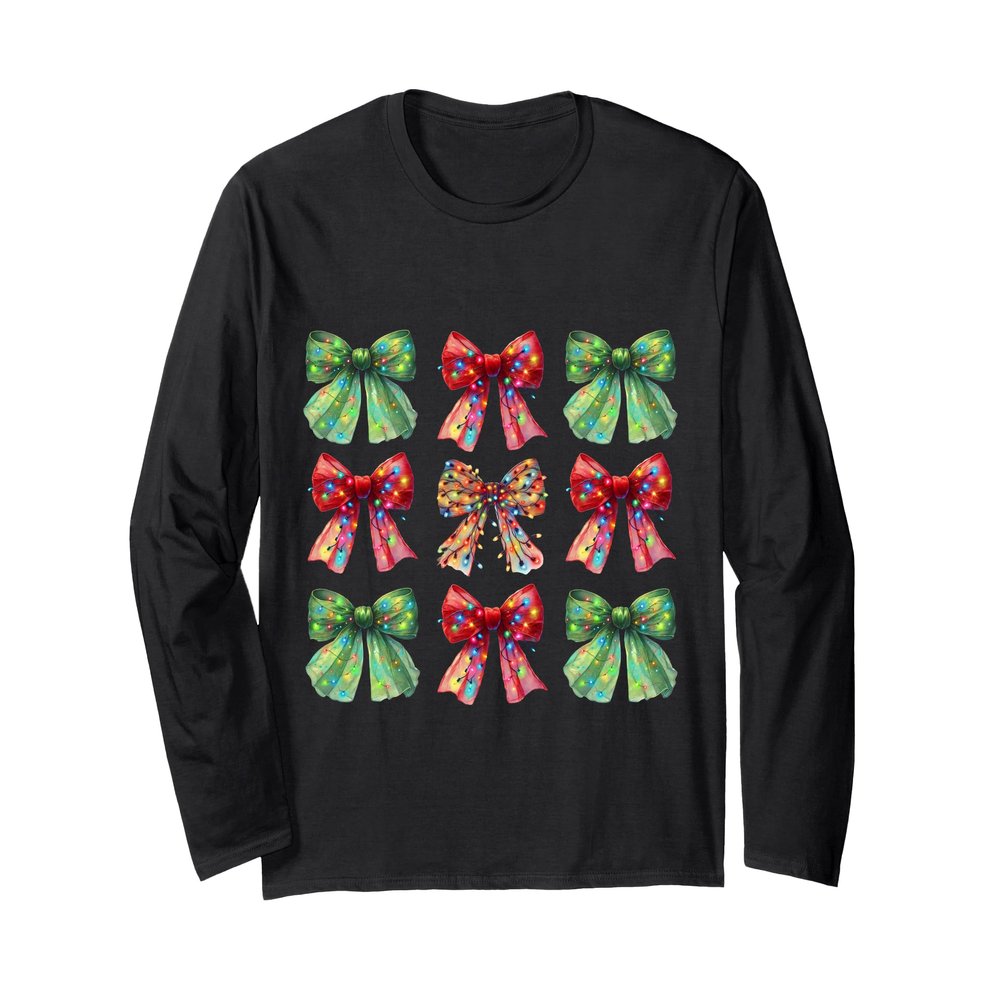 Christmas Coquette Bow Holiday Xmas Lights Girl Women Cute Long Sleeve T-Shirt