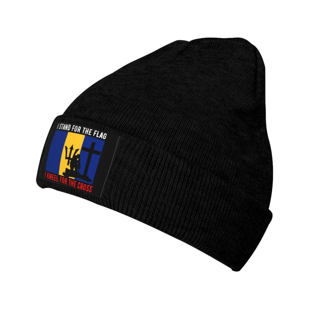 I Stand for The Barbados Flag and I Kneel for The Cross Beanie Hat Acrylic Knit Warm Winter Hats for Women Men Skull Cap Black
