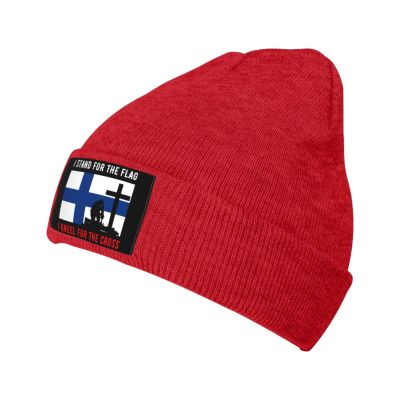 I Stand for The Finland Flag and I Kneel for The Cross Beanie Hat Acrylic Knit Warm Winter Hats for Women Men Skull Cap Red