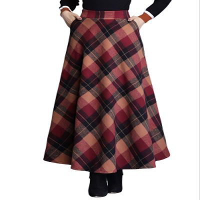 SLQPFK Women Long Plaid Skirt,2025 Fall Winter Warm Wool Plaid Maxi Skirt with Pockets,Elastic Waist A Line Tartan Skirts Red