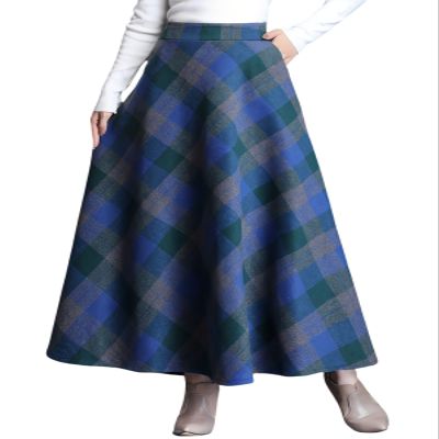 SLQPFK Women Long Plaid Skirt,2025 Fall Winter Warm Wool Plaid Maxi Skirt with Pockets,Elastic Waist A Line Tartan Skirts Blue