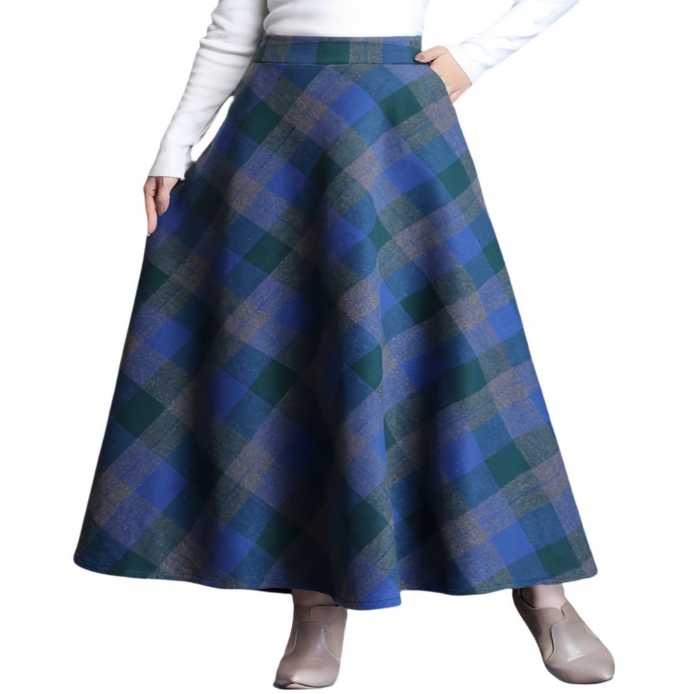 SLQPFK Women Long Plaid Skirt,2025 Fall Winter Warm Wool Plaid Maxi Skirt with Pockets,Elastic Waist A Line Tartan Skirts Blue