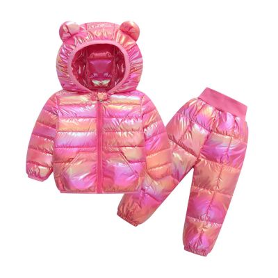 2-Piece Kids Boys Girls Snowsuit Metallic Hooded Puffer Jacket Lightweight Packable Quilted Down (Hot Pink, 6-7 Years)