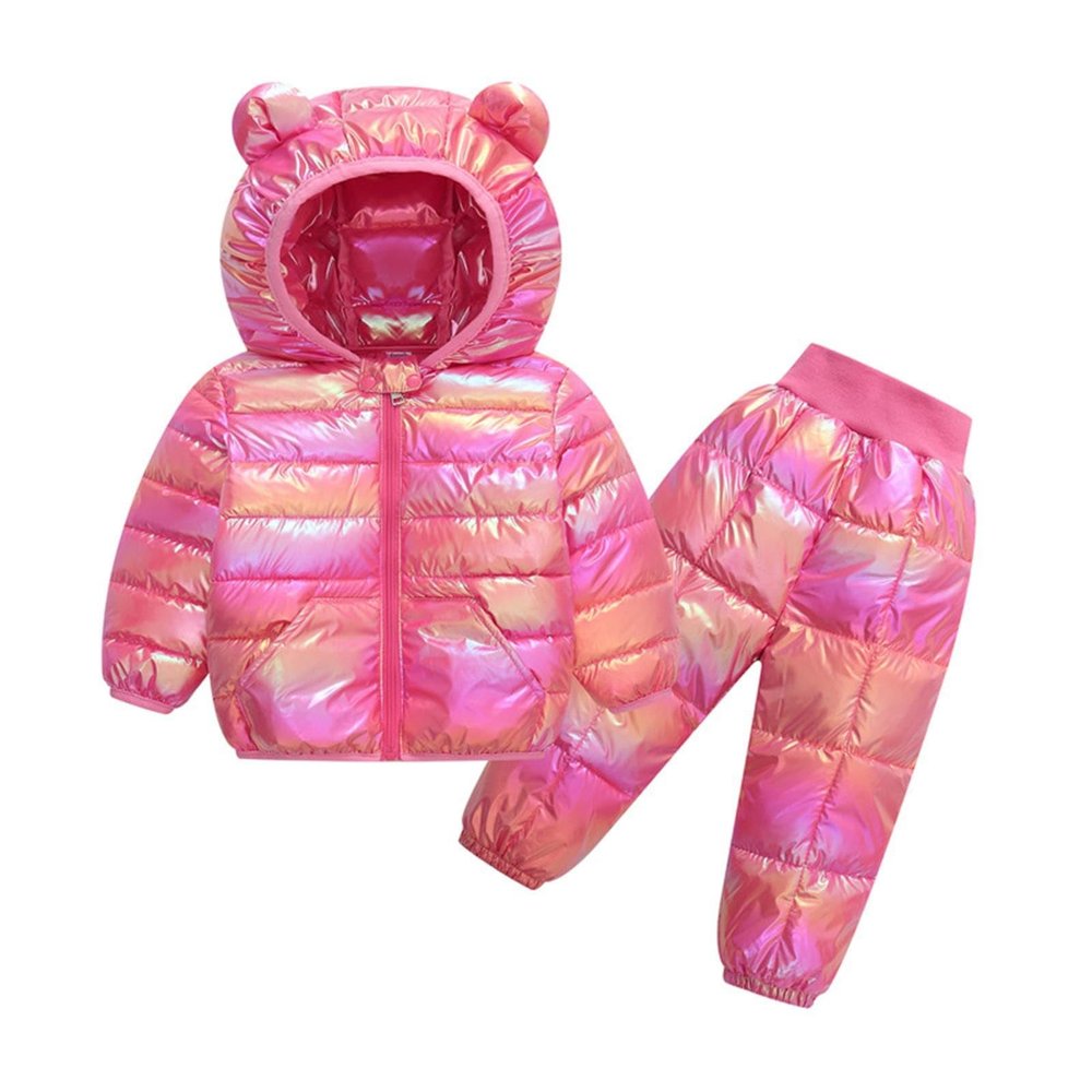 2-Piece Kids Boys Girls Snowsuit Metallic Hooded Puffer Jacket Lightweight Packable Quilted Down (Hot Pink, 6-7 Years)