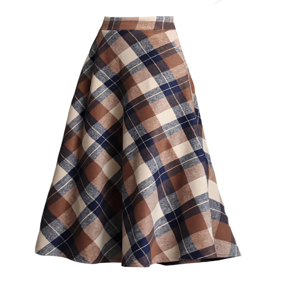 SLQPFK Women Long Plaid Skirt,2025 Fall Winter Warm Wool Plaid Maxi Skirt with Pockets,Elastic Waist A Line Tartan Skirts Khaki