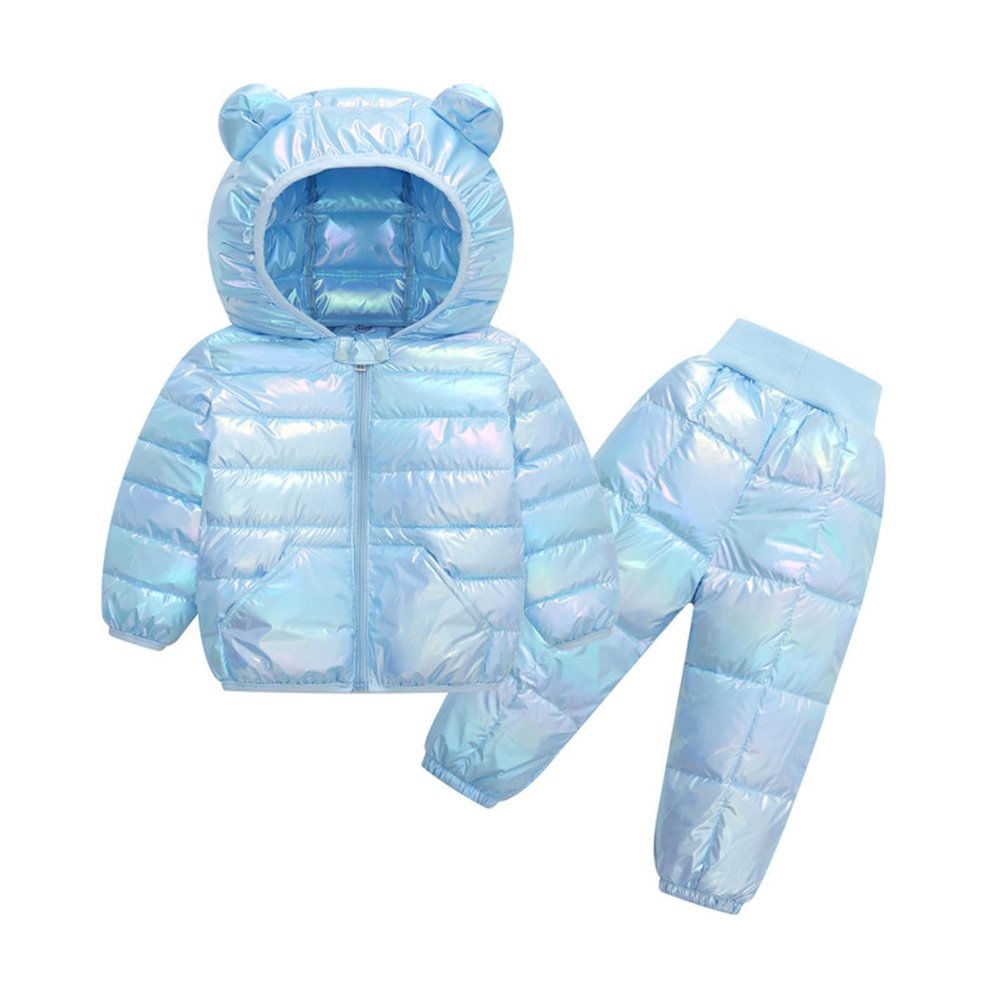 2-Piece Kids Boys Girls Snowsuit Metallic Hooded Puffer Jacket Lightweight Packable Quilted Down Coat (Blue, 3-4 Years)