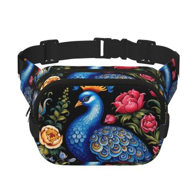 Beautiful peacock in the flowers Square double - layer fanny pack with adjustable shoulder strap - travelling fanny pack - perfect for outdoor sports