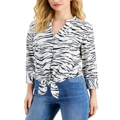 Womens Printed Button-Down Top Talia Tiger White XL