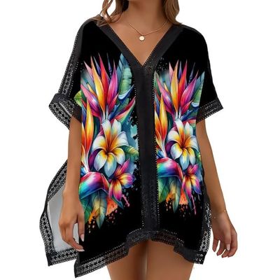 Hawaiian Tropical Flower Beach Swimsuit Cover-Up Women's V Neck Summer Lightweight Thin Boho Swimming Cool Bathing Suit Black One Size