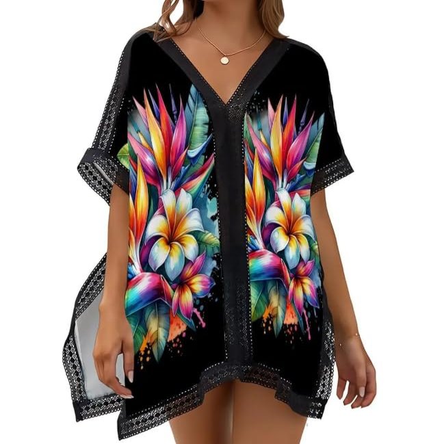 Hawaiian Tropical Flower Beach Swimsuit Cover-Up Women's V Neck Summer Lightweight Thin Boho Swimming Cool Bathing Suit Black One Size