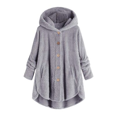 Fleece Jacket Women Long Sleeve Sherpa Hooded Coats Winter Fall Warm Fuzzy Jackets Plus Size Button Plush Outerwear
