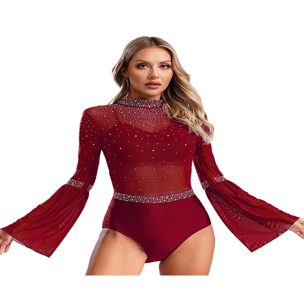 ACSUSS Womens Gymnastics Figure Skating Dance Leotard Mesh Flare Sleeve Bodysuit Sheer Dancewear Burgundy Large