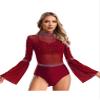 ACSUSS Womens Gymnastics Figure Skating Dance Leotard Mesh Flare Sleeve Bodysuit Sheer Dancewear Burgundy Large view 1