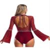 ACSUSS Womens Gymnastics Figure Skating Dance Leotard Mesh Flare Sleeve Bodysuit Sheer Dancewear Burgundy Large view 2