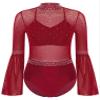 ACSUSS Womens Gymnastics Figure Skating Dance Leotard Mesh Flare Sleeve Bodysuit Sheer Dancewear Burgundy Large view 3